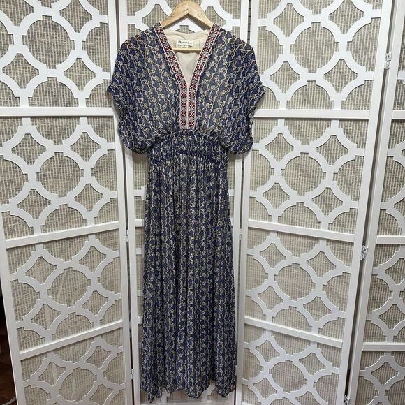 Anthropologie Vineet Bahl Block Print Maxi Dress Women‎ 0 Blue Boho Beaded Fairy - Picture 2 of 12
